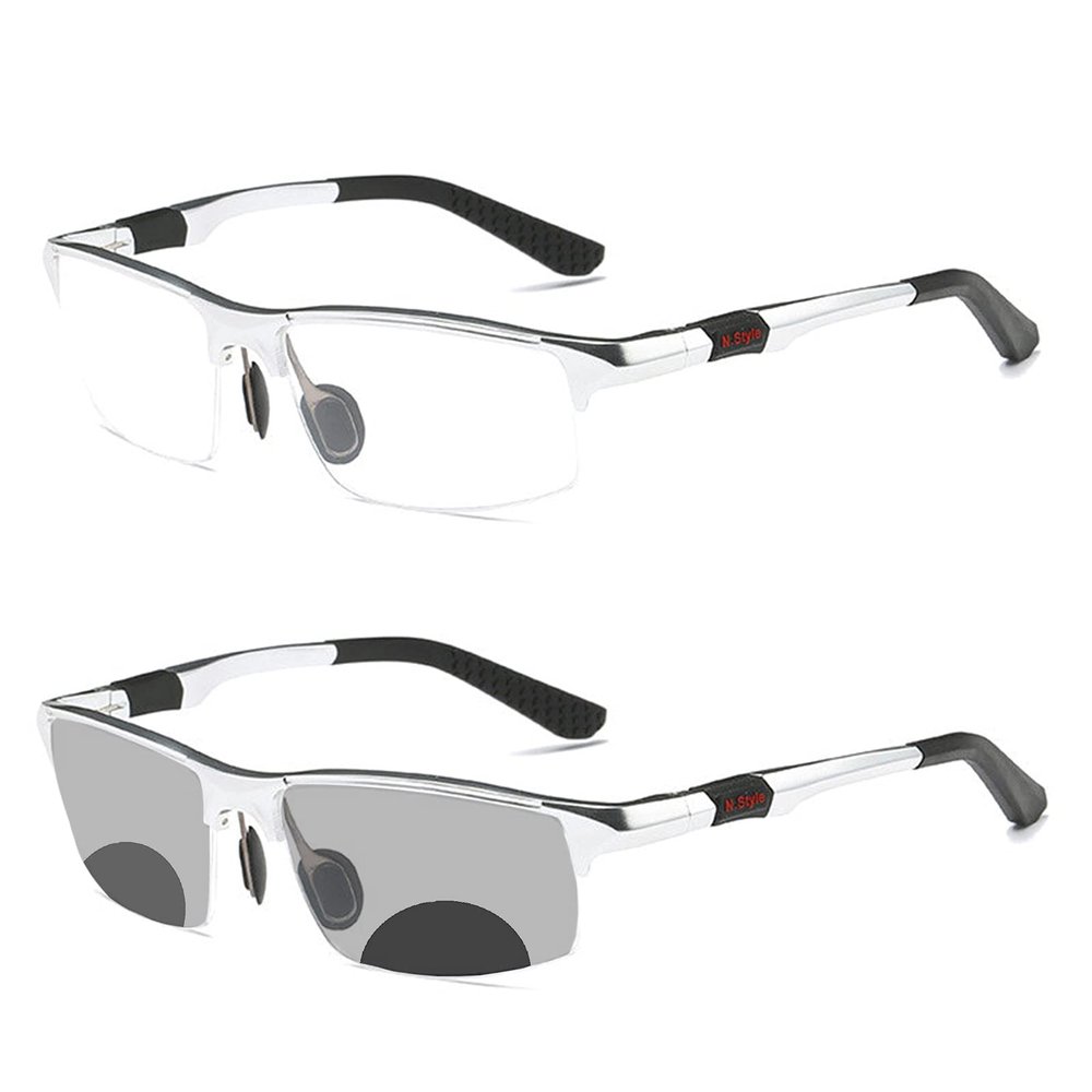 COTIA Men's Photochromic Bifocal Reading Glasses Sports Square Aluminum Magnesium Frame Transition Presbyopia Eyeglasses (silver, 3.0)
