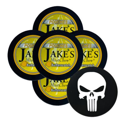 Jakes Mint Chew Butterscotch Pouch - 5 Cans - Includes DC Crafts Nation Skin Can Cover - Skull