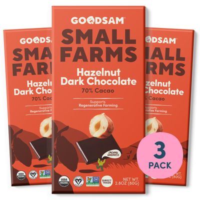 GoodSAM Hazelnut Dark Chocolate Bars - (Pack of 3) 70% Cacao Premium Organic Dark Chocolate with Roasted Hazelnuts Fair Trade Snacks that Support Small Family Farms