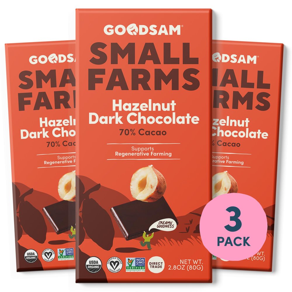 GoodSAM Hazelnut Dark Chocolate Bars - (Pack of 3) 70% Cacao Premium Organic Dark Chocolate with Roasted Hazelnuts Fair Trade Snacks that Support Small Family Farms