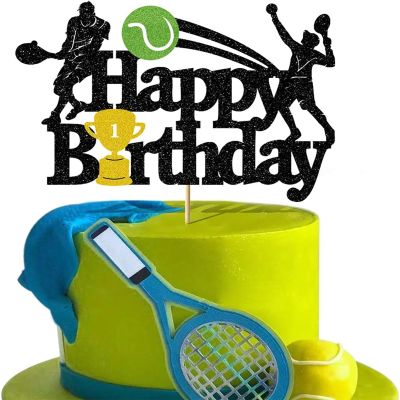 Tennis Cake Toppers - Black Glitter Tennis Player Cake Decorations for Boys & Men - Happy Birthday Party Supplies