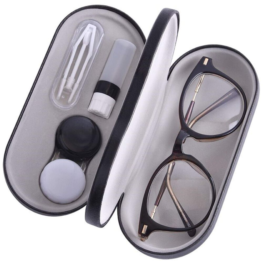 2 in 1 Contact Lens Case with Mirror - Double Sided Portable Glasses Case - Tweezers and Applicator Included - Perfect for Home Travel (Black)