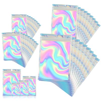 120 PCS Smell Proof Mylar Bags Resealable Odor Proof Bags Holographic Packaging Pouch Bag with Clear Window for Food Storage Jewelry Candy Electronics Storage, 4 Sizes
