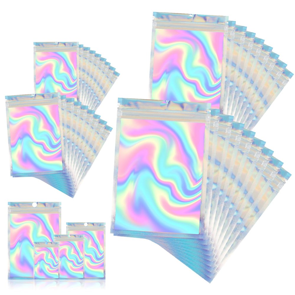 120 PCS Smell Proof Mylar Bags Resealable Odor Proof Bags Holographic Packaging Pouch Bag with Clear Window for Food Storage Jewelry Candy Electronics Storage, 4 Sizes