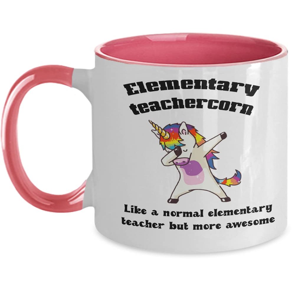 Creator's Cove Elementary teacher school rainbow dabbing unicorn two toned 11 oz ceramic coffee tea cup, Coworker from employee or boss, Gag from students