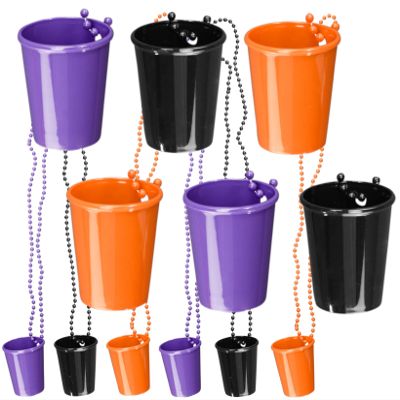 Iconikal 12-Pack Halloween 2oz Shot Glass Necklace on Beaded Lanyard (Purple, Orange, Black)