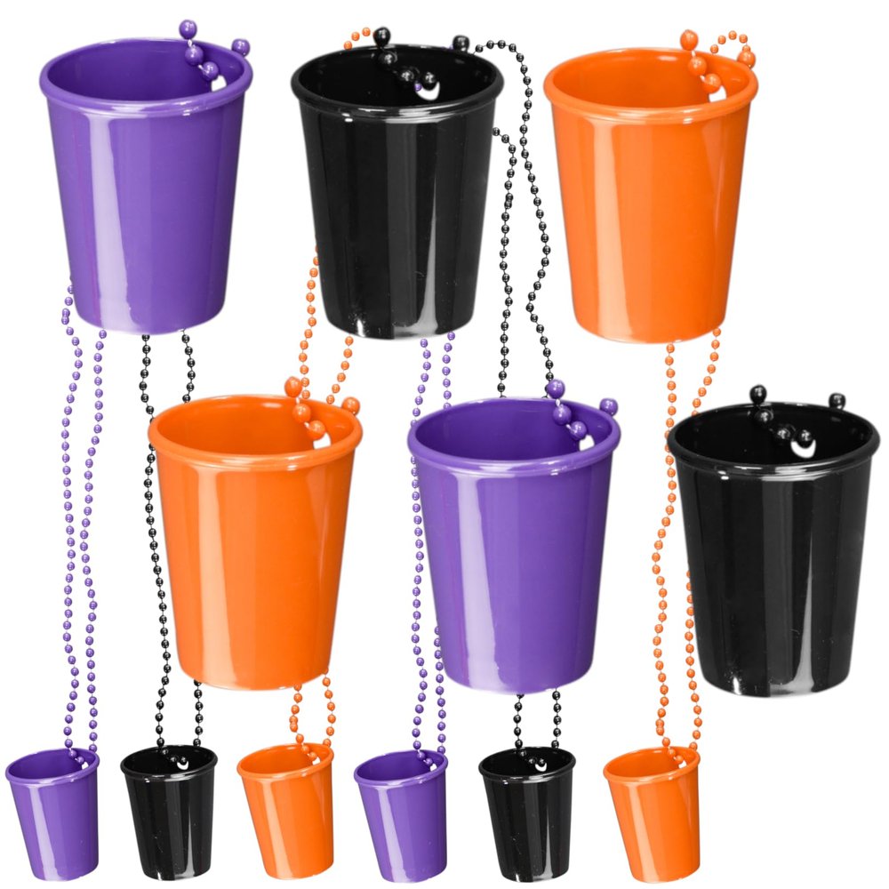 Iconikal 12-Pack Halloween 2oz Shot Glass Necklace on Beaded Lanyard (Purple, Orange, Black)