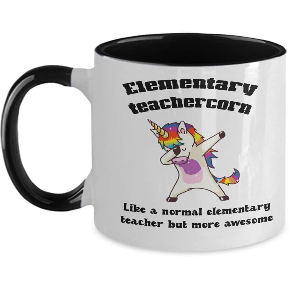 Creator's Cove Elementary teacher school rainbow dabbing unicorn two toned 11 oz ceramic coffee tea cup, Coworker from employee or boss, Gag from students