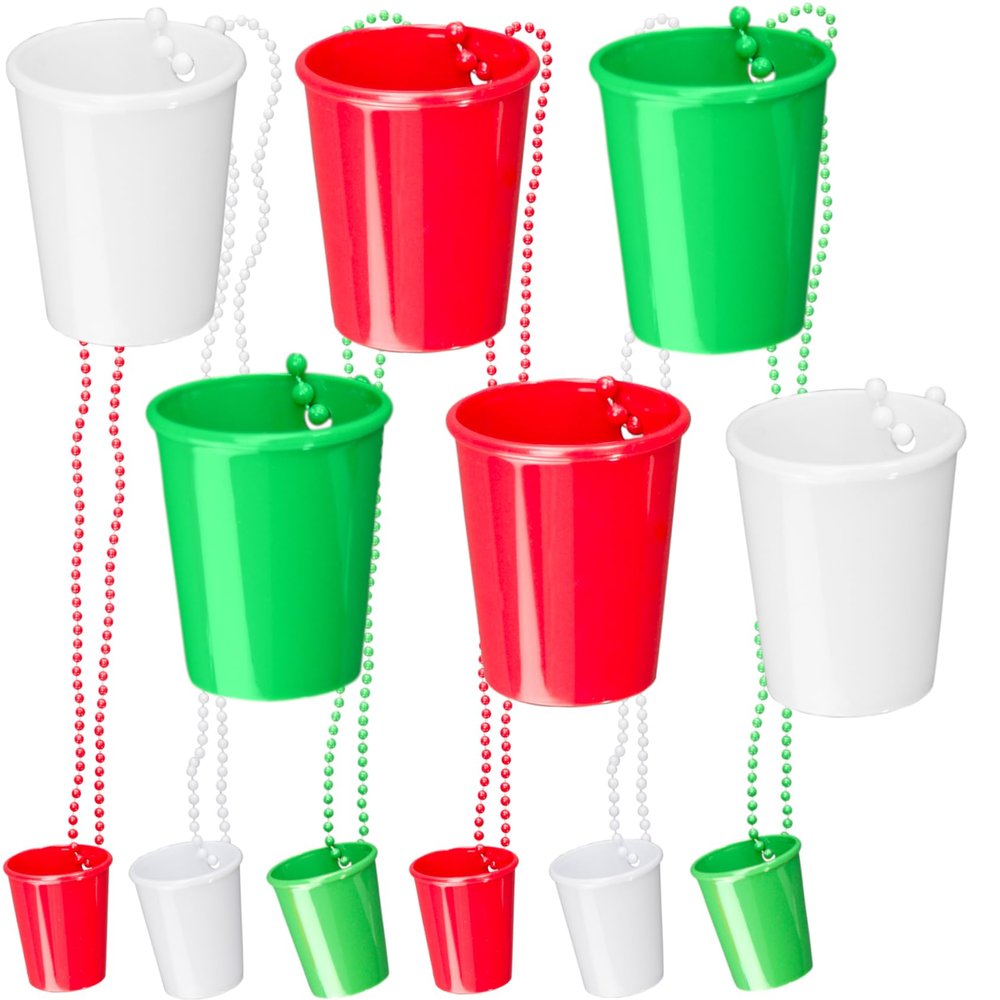 Iconikal Christmas Shot Glass on Beaded Necklace, 12-Pack (Red, Green, White)