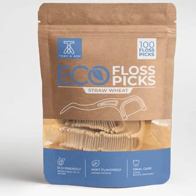 100 Mint Flavored Floss Picks | BPA Free, Eco-Friendly for Adults and Kids | Very Durable Sustainable Straw Wheat (100 Count, Mint)