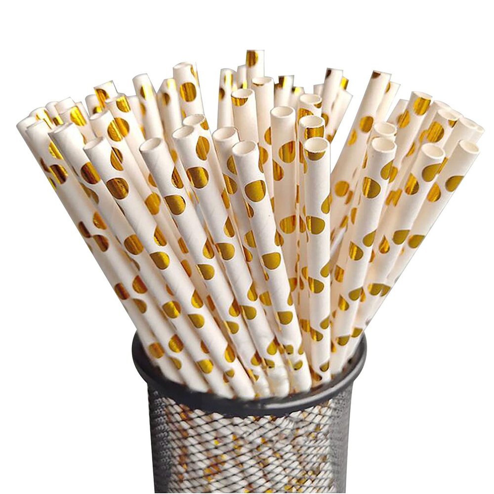 [100 Pack] Paper Straws Gold Coated, Biodegradable Paper Drinking Straw for Both Hot and Cold Beverages, 7.67" for Party Bar Shop Restaurant (White)