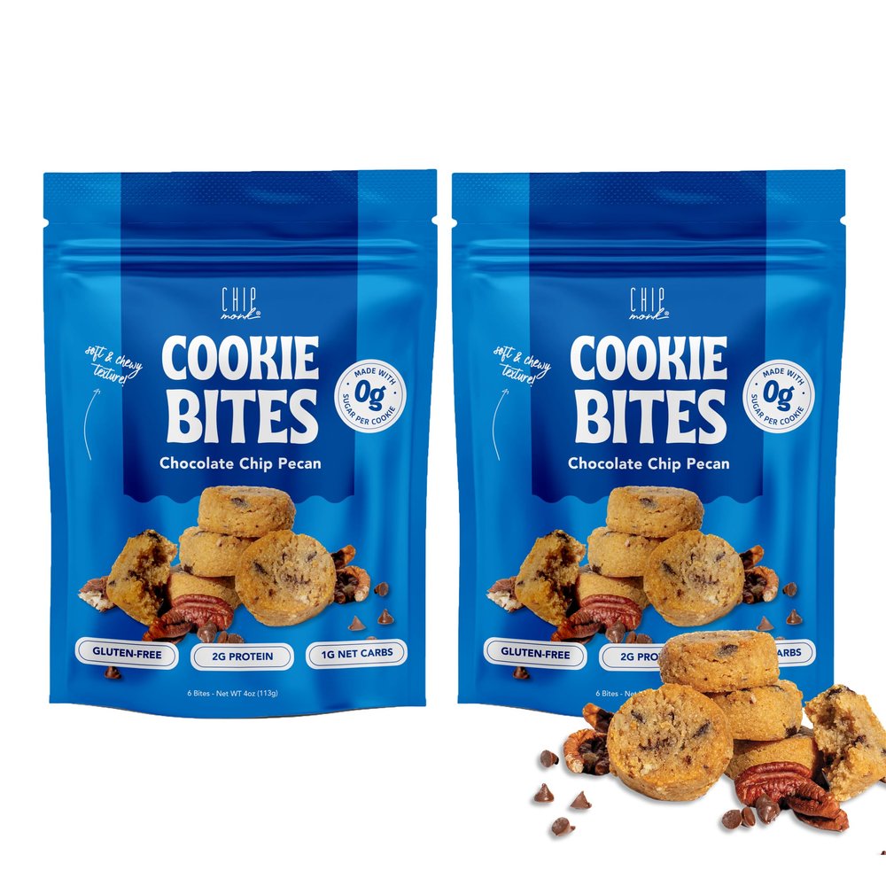 ChipMonk Keto Cookie Bites  Delicious, Low Carb, Diabetic Friendly, 1g Net Carb, Gluten Free, Sugar Free Keto Bites Sweetened with Allulose & Monk Fruit (Chocolate Chip Pecan, 2 Pouches (16 Bites))