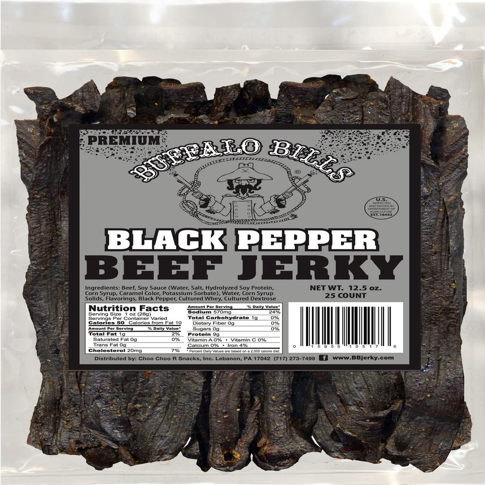 Buffalo Bills 12.5oz Premium Black Pepper Beef Jerky 7" Strips (25 smoked jerky strips per bag)