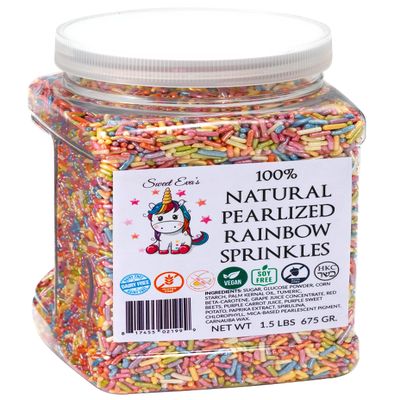 Sweet Evas 100percent NATURAL PEARLIZED RAINBOW SPRINKLES-Dairy Free,Nut,Gluten Free,Soy Free,Egg Free,Vegan,Kosher,Cake Decorating Jimmies,Cupcakes,Cookies,Cakes Topper,Bulk Candy,Large 1.5 LBS