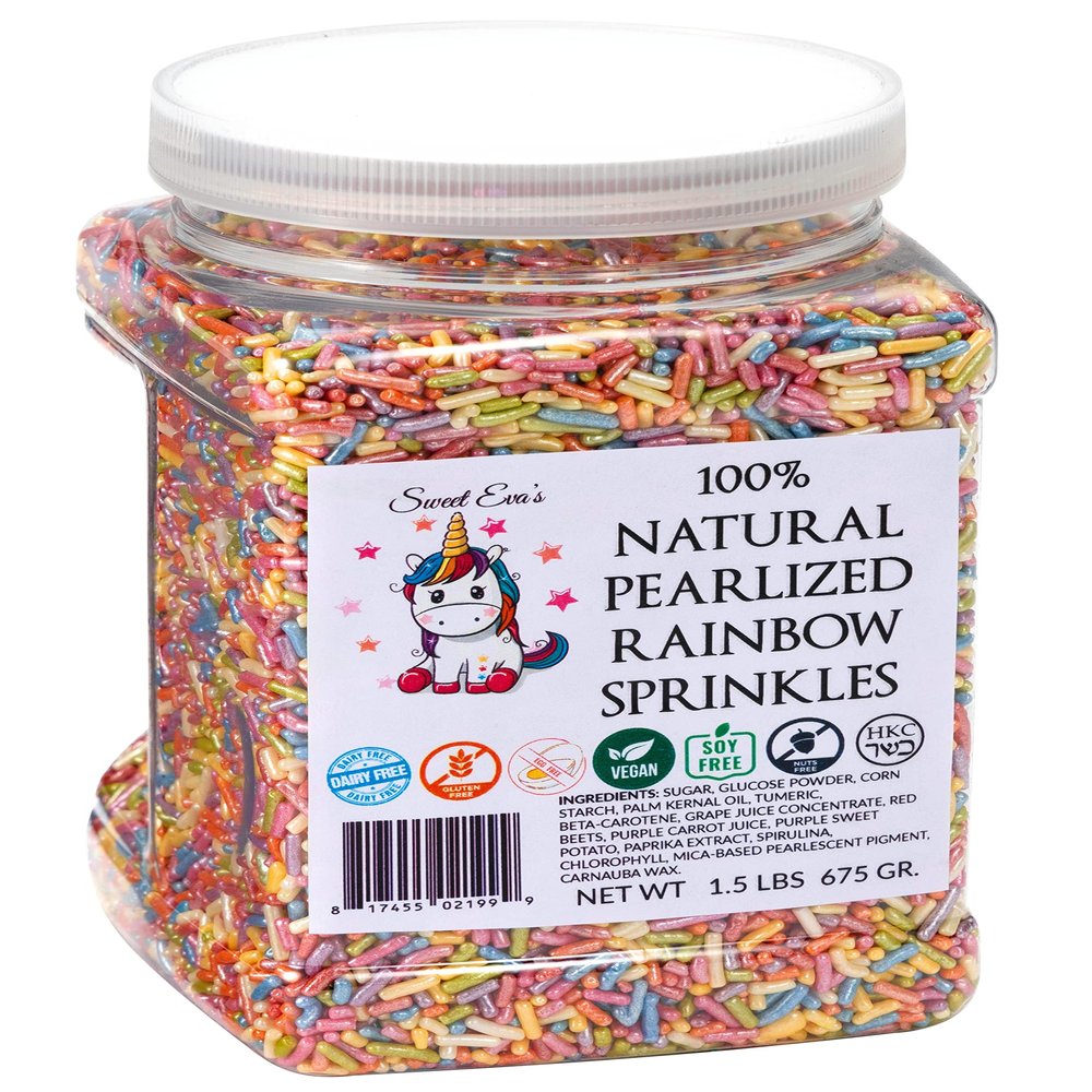 Sweet Evas 100percent NATURAL PEARLIZED RAINBOW SPRINKLES-Dairy Free,Nut,Gluten Free,Soy Free,Egg Free,Vegan,Kosher,Cake Decorating Jimmies,Cupcakes,Cookies,Cakes Topper,Bulk Candy,Large 1.5 LBS