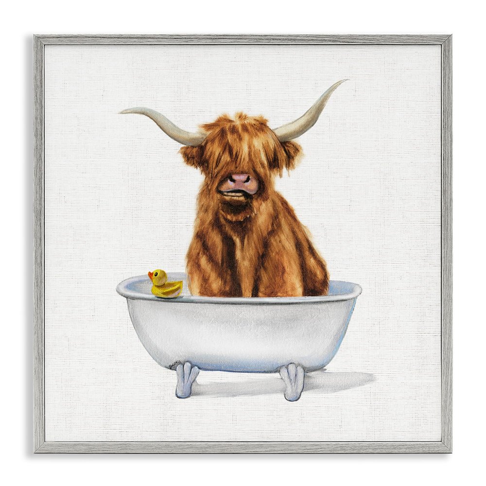 Stupell Industries Shaggy Country Cattle in Bathtub Rubber Duck, Designed by Donna Brooks Gray Framed Wall Art, 24 x 24, Brown