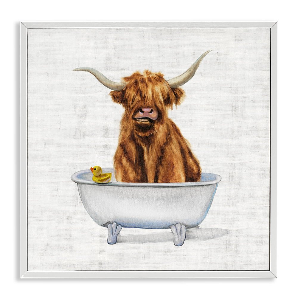 Stupell Industries Shaggy Country Cattle in Bathtub Rubber Duck, Designed by Donna Brooks White Framed Wall Art, 24 x 24, Brown