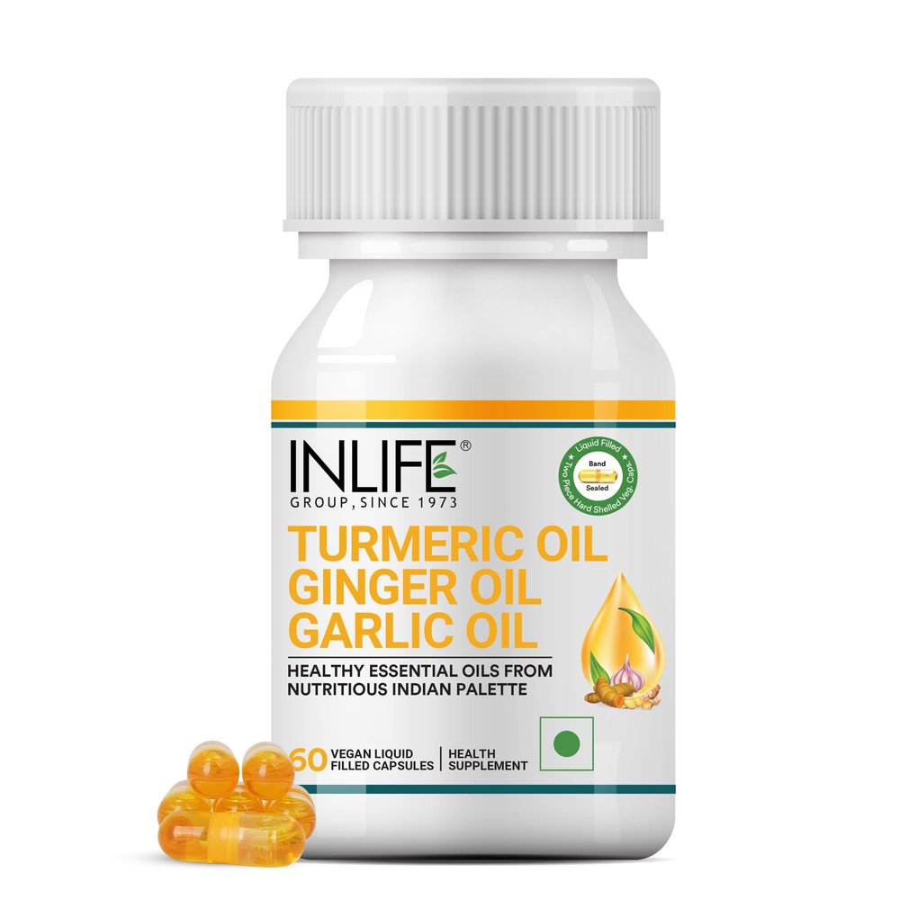 INLIFE Organic Turmeric Ginger Garlic Capsules 300mg (Liquid Filled) for Inflammation, Joint Support, Immune Support & Heart Health | Ayurvedic Vegitarian GMP Tested - (60 Count)
