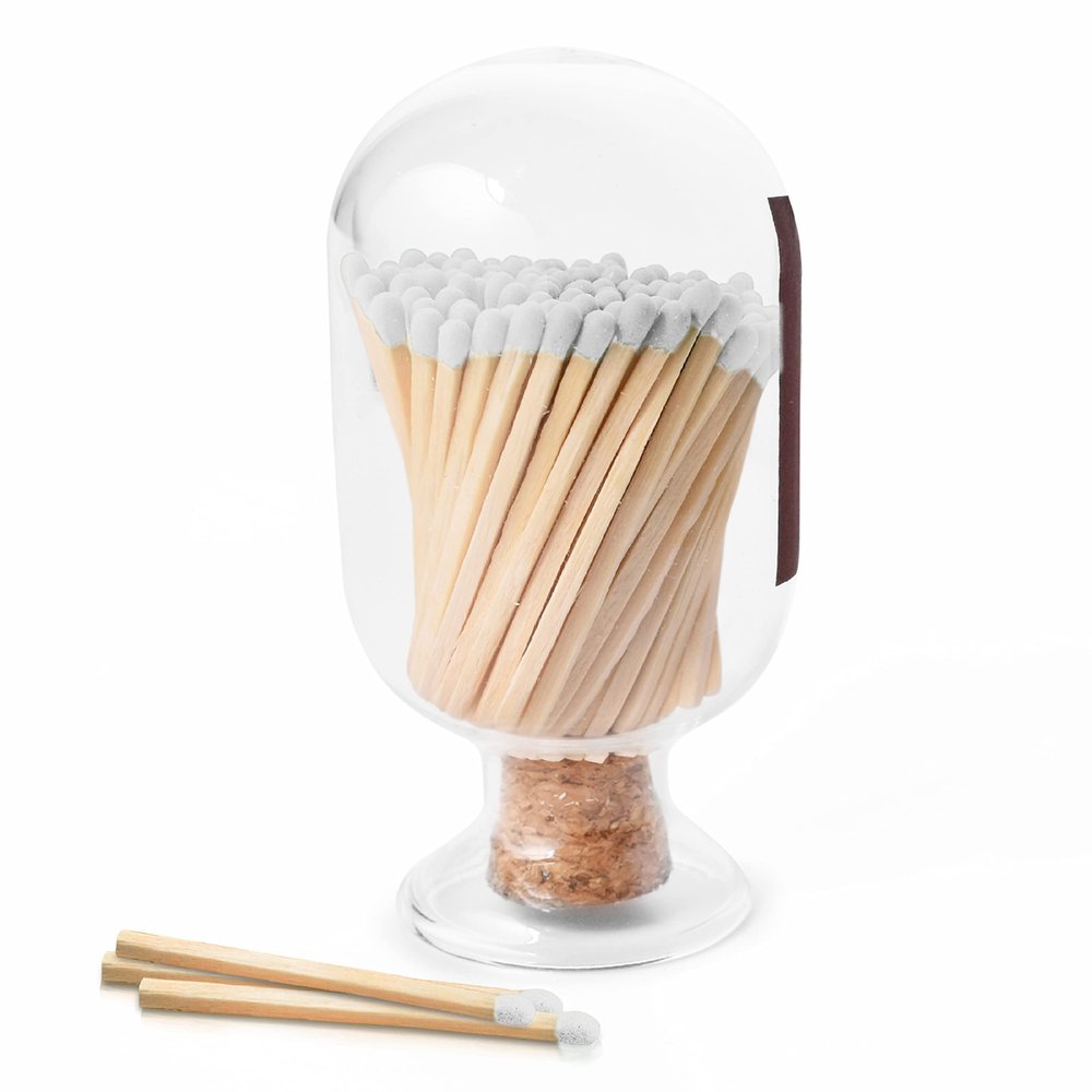 Atzi Hats Glass Match Holder with Striker  Includes Fancy Matches in Cloche Jar  Decorative Christmas Gift for Home or Fireplace - White, 250 ml