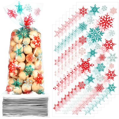 Clabby 100 Pcs Christmas Cellophane Treat Bags Red Green Snowflake Cello Plastic Candy Goodie Bags with Twist Ties for Winter Holiday Xmas Party Favor Supplies(Red and Green)