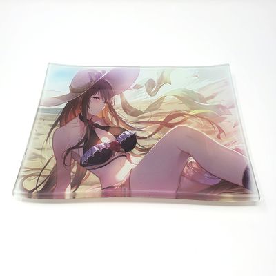 E.G.G. Anime Sunbathing Decorative Glass Tray: Shatter Resistant, High Resolution, Easy to Clean, Display Stand (Transparent, Rectangular, 100% Tempered Glass)