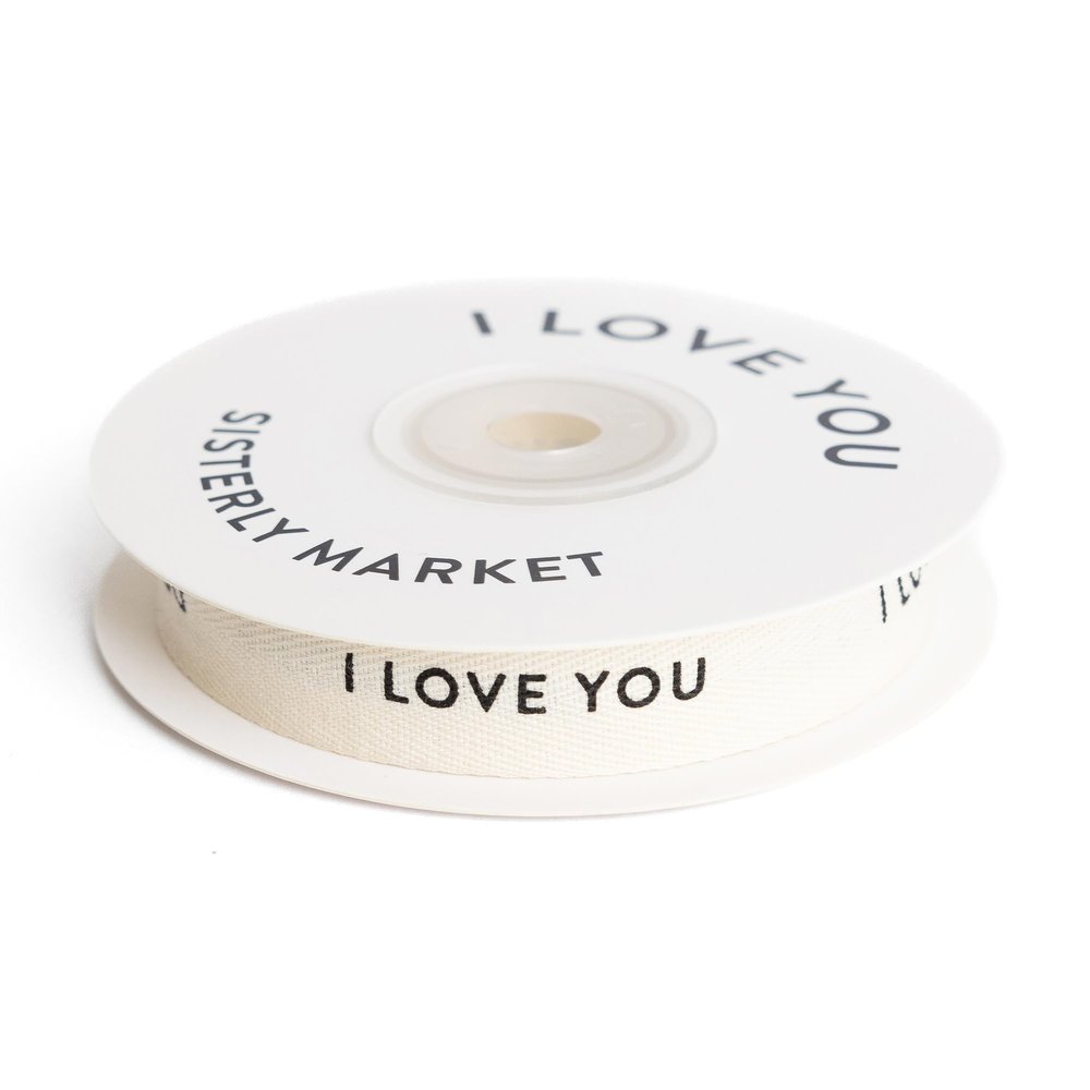 Sisterly Market - Custom Herringbone Cotton Ribbon, Natural 5/8 Inch Gift Ribbon with I Love You Printed Phrase, 10 Yards