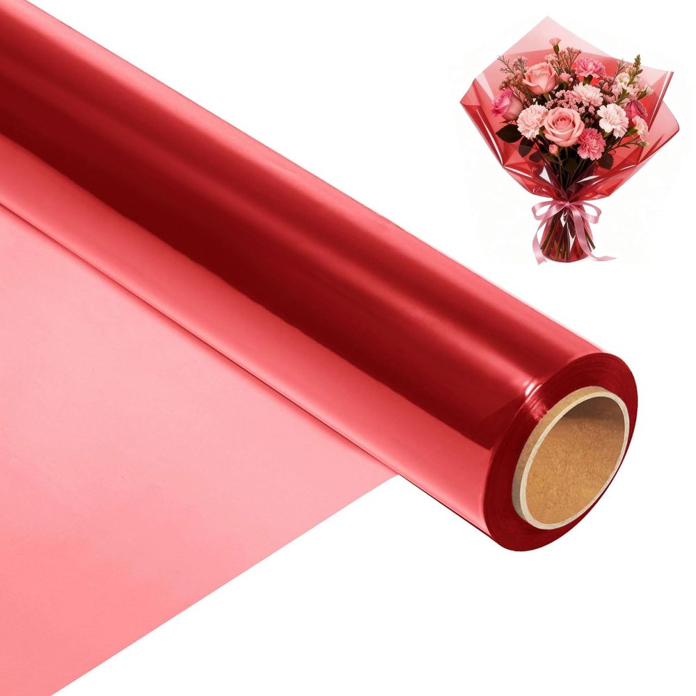 200 ft Red Cellophane Wrap Roll (16 In x 200 Feet) - 2.5 Mil Thick for Gift Baskets, Bouquets, Party Decorations