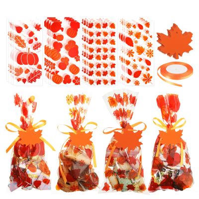 Chinco 240 Pcs Fall Cellophane Treat Bags Leaves Thanksgiving Autumn Cellophane Candy Treat Bags Bulk with Fall Maple Leaf Tags for Autumn Thanksgiving Party Supplies