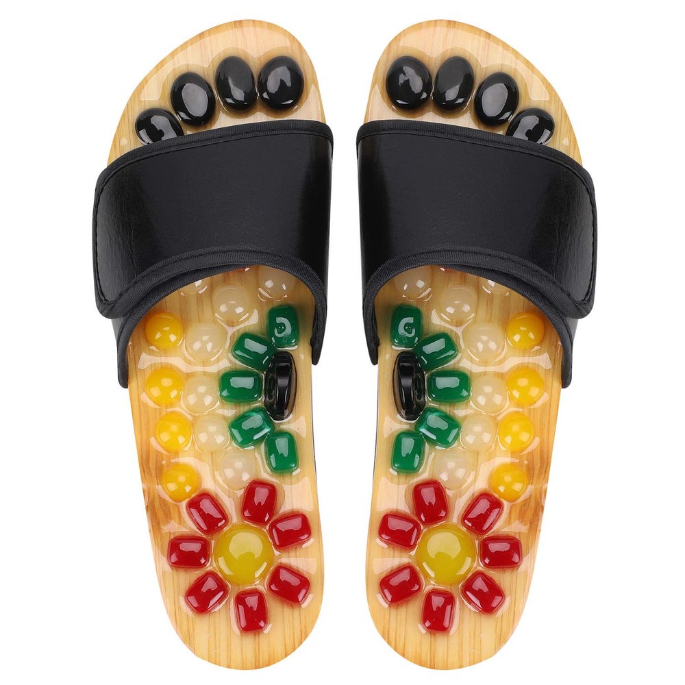 Massage Slippers Acupressure Foot Massager Adjustable Home Pebble Foot Slippers Reflexology Tools Stress Relief Gifts Summer Natural Cobblestone Stones Slippers for Men & Women