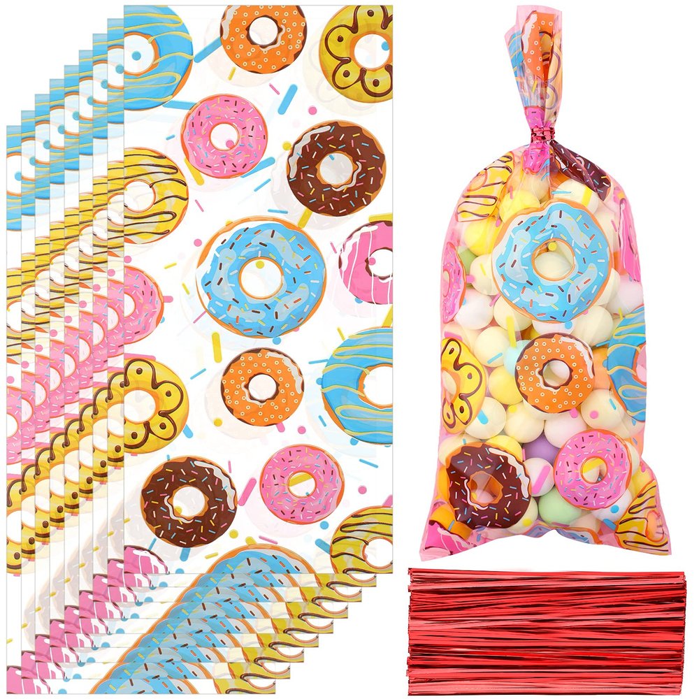 Perkoop 100 Pieces 5 x 11 Inches Donut Party Favors, Candy Cellophane Bags, Sweet Doughnut Goodie Bags with 150 Pieces Twist Ties for Candy Birthday Party Baby Shower Decoration Supplies