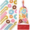 Perkoop 100 Pieces 5 x 11 Inches Donut Party Favors, Candy Cellophane Bags, Sweet Doughnut Goodie Bags with 150 Pieces Twist Ties for Candy Birthday Party Baby Shower Decoration Supplies view 1