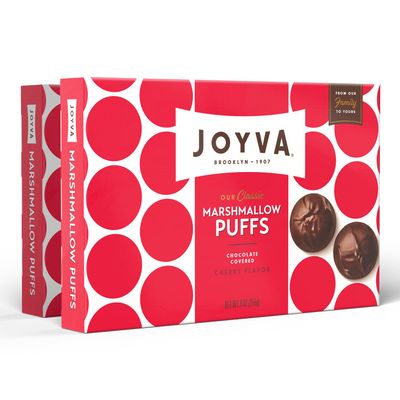 Joyva Cherry Marshmallow Puffs | Pack of 2, 9oz Boxes | Fluffy Cherry Flavored Marshmallow Center with Smooth Dark Chocolate Coating | Kosher Parve | Free of Dairy, Gluten, Soy, and Preservatives