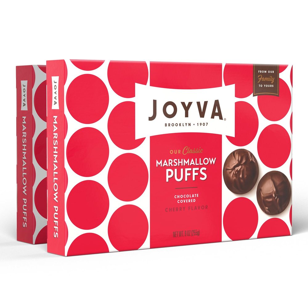 Joyva Cherry Marshmallow Puffs | Pack of 2, 9oz Boxes | Fluffy Cherry Flavored Marshmallow Center with Smooth Dark Chocolate Coating | Kosher Parve | Free of Dairy, Gluten, Soy, and Preservatives
