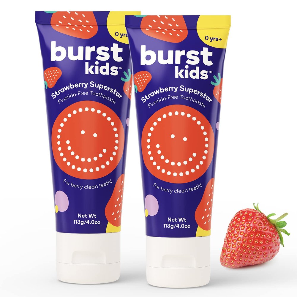 BURST Fluoride Free Strawberry Kids Toothpaste (4oz/2 Pack) | Great Tasting, Dye Free for Baby & Toddler Age 0+ | with Nano Hydroxyapatite