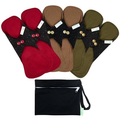 wegreeco 6 Pcs Reusable Menstrual Pads, Ultra Absorbent Cloth Pads for Heavy Flow, Sanitary for Teens, Women, Nonslip Panty Liners + Bag (Aqua, Burgundy, Coffee, S)