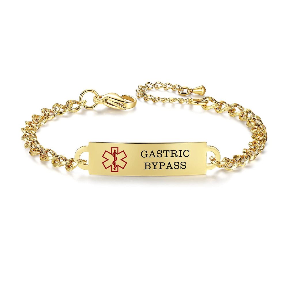 AOAMID Medical Alert Bracelet for Women Adjustable Personalized Free Engrave Gastric Bypass Stainless Steel Medical ID Bracelets 6.5-8 Inch(Gold)
