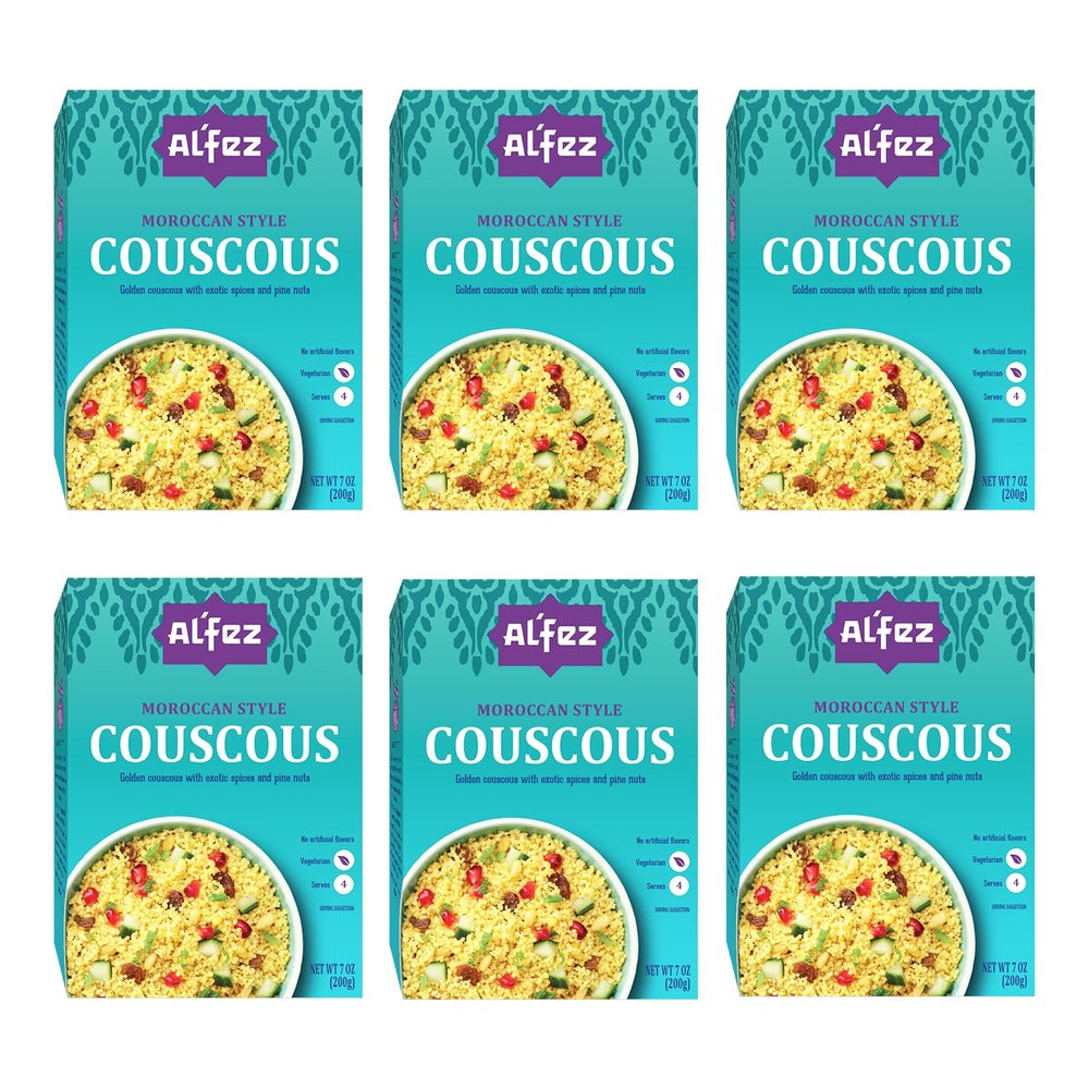 Al'Fez Moroccan Style Couscous - 7 oz (Pack of 6) - Durum Wheat Infused w/Exotic North African Spices, Sultana Raisins & Pine Nuts for Instant Couscous Salad - Vegan, No Artificial Flavors, Vegetarian