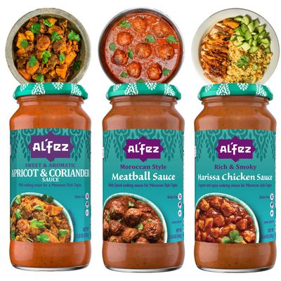 AlFez Tagine Sauce Variety Pack - 15.8oz Jars (Pack of 3 Total: 1 of Each) - Apricot & Coriander, Moroccan Meatball & Harissa Chicken Sauce - Tomato-Based Cooking Sauces - Gluten Free & Vegetarian