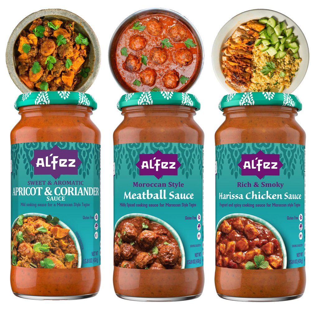 AlFez Tagine Sauce Variety Pack - 15.8oz Jars (Pack of 3 Total: 1 of Each) - Apricot & Coriander, Moroccan Meatball & Harissa Chicken Sauce - Tomato-Based Cooking Sauces - Gluten Free & Vegetarian