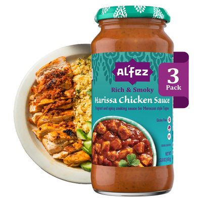 AlFez Harissa Chicken Sauce - 15.8 oz (Pack of 3) - Fragrant & Spicy Tomato-Based Cooking Sauce made w/Harissa Paste, Garlic, Red Chilis, Paprika & Cilantro for Moroccan-Style Tagines - Gluten Free