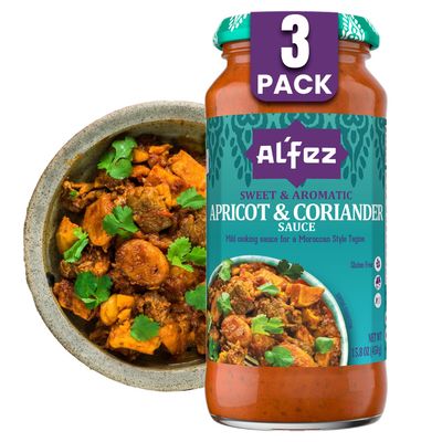AlFez Apricot and Coriander Sauce - 15.8 oz Jar (Pack of 3) - Mild Tomato-Based Cooking Sauce w/Aromatic & Herby Sweet Flavor - Perfect for Moroccan Tagine or Couscous - Gluten Free, Vegetarian