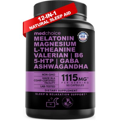 12-in-1 Melatonin Sleep Capsules - Natural Sleep Aids for Adults with Melatonin 5mg and Magnesium Glycinate 500mg, Sleep Aid with Ashwagandha, L Theanine, Valerian Root, GABA, 5-HTP (90ct, Pack of 1)
