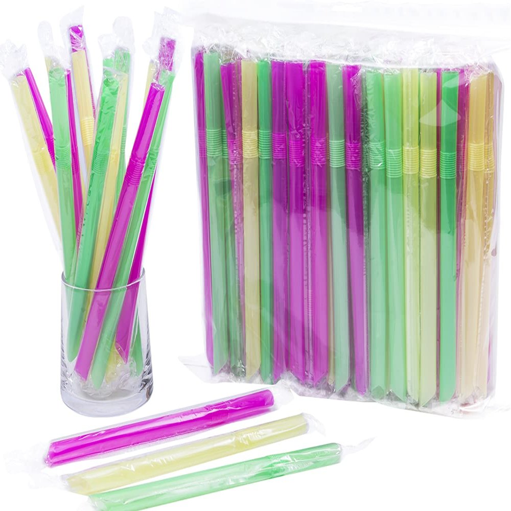 100Packs Plastic Straws Disposable Individually Wrapped 0.43in Big Width Bendable Flexible Drinking Straws for Thicker Beverage or Spureed soups or Smoothies or Think milkshakes (large diameter hole)