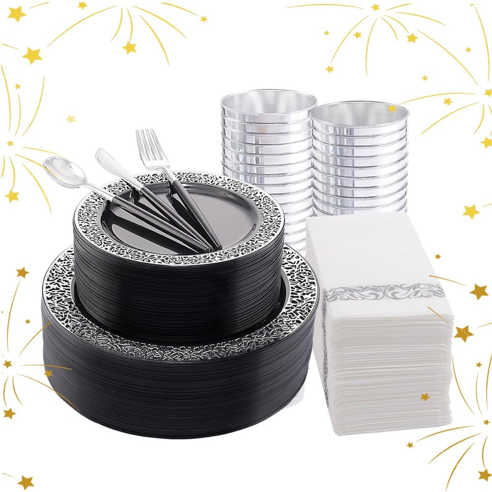 LIYH 350 Pcs Black and Silver Plastic Plates, Silver Plastic Dinnerware Set, Disposable Silverware, Black Plates with Napkins, Happy New Year Day Supplies for 50 Guests