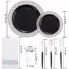 LIYH 350 Pcs Black and Silver Plastic Plates, Silver Plastic Dinnerware Set, Disposable Silverware, Black Plates with Napkins, Happy New Year Day Supplies for 50 Guests view 2