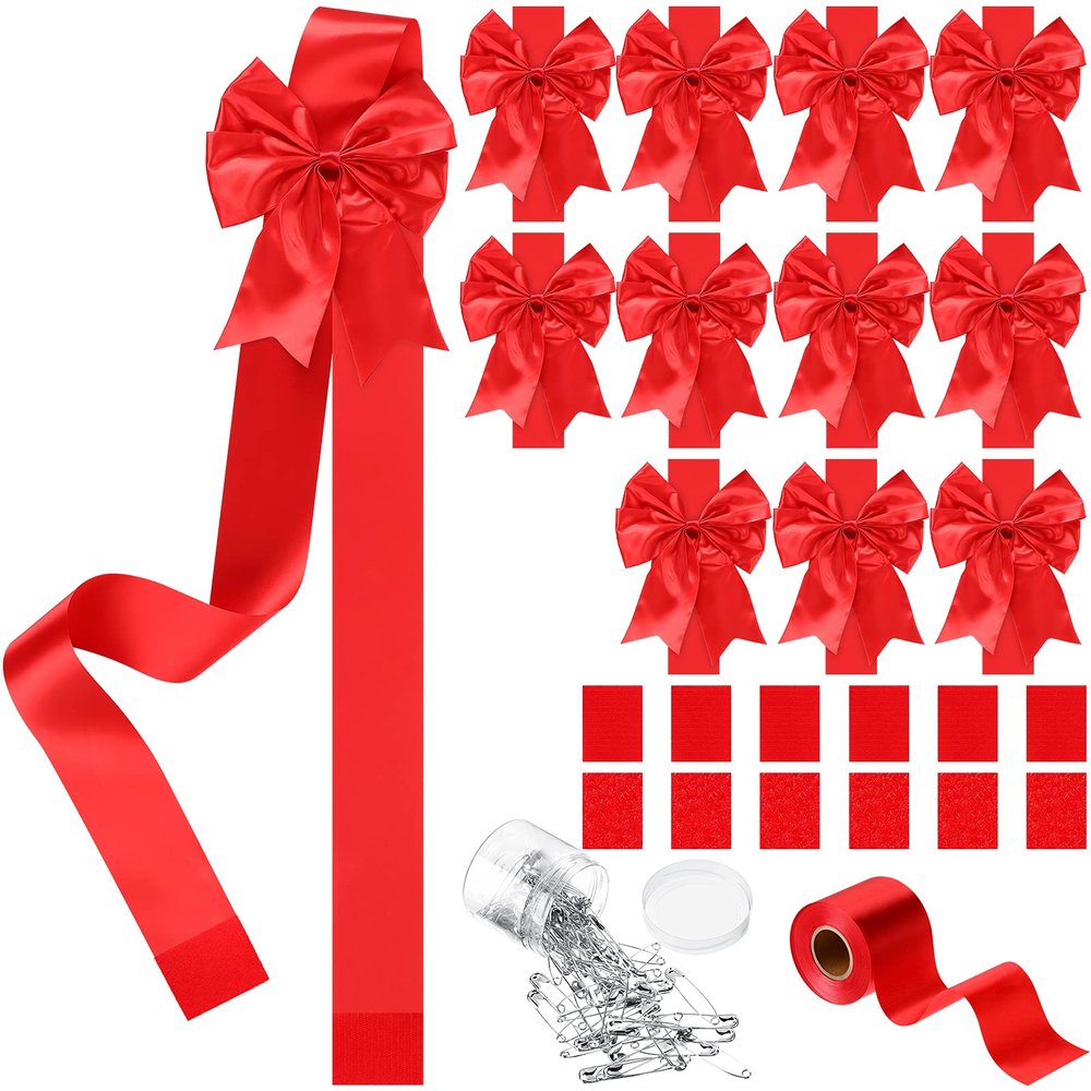 12 Pieces Christmas Cabinet Ribbons Xmas Door Ribbon Cabinet Bows with Large 30m Red Ribbons for DIY Christmas Festive Party Tree Decor Dining Kitchen Supplies,Red(Polyester)