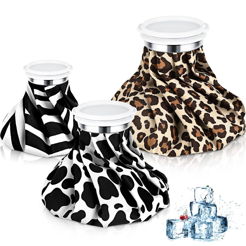 3 Pieces Ice Bags for Injuries Reusable Hot and Cold Pain Relief Ice Bag 6/9/10 inches for Sports Knee Head Leg Injury(Animal Print)