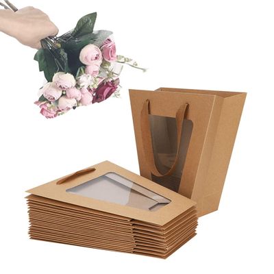 10 Pack Gift Bags with Handles and Clear Window,Trapezoid Tote Kraft Paper Bags Flower Bouquet Wrapping Bags Favor Bags Florist Gift Packing Bags for Wedding Party Anniversary Birthday Bridal Shower