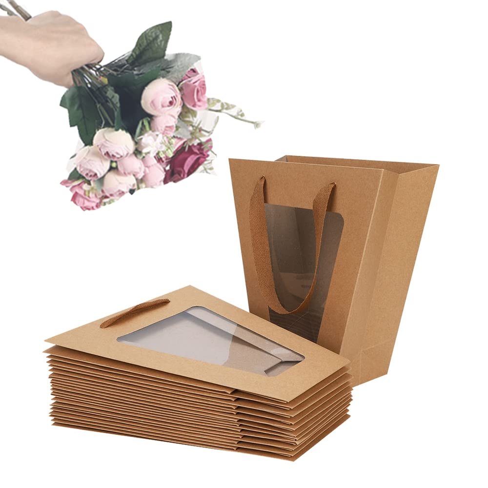 10 Pack Gift Bags with Handles and Clear Window,Trapezoid Tote Kraft Paper Bags Flower Bouquet Wrapping Bags Favor Bags Florist Gift Packing Bags for Wedding Party Anniversary Birthday Bridal Shower