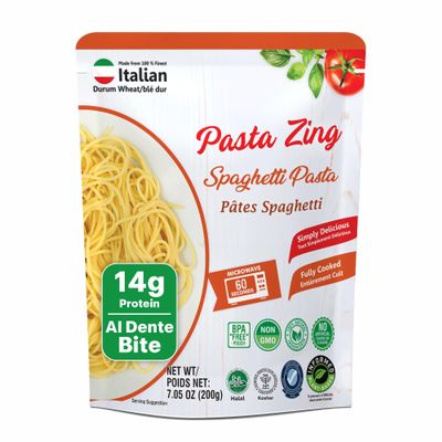 Pasta Zing Fully Cooked Spaghetti Pasta, Ready to Eat in 1 Minute, 14g Protein per Pack, Al Dente Bite, Shelf-Stable Italian Durum Wheat Pasta, BPA-Free Pouch, 7.05 oz Pack of 7